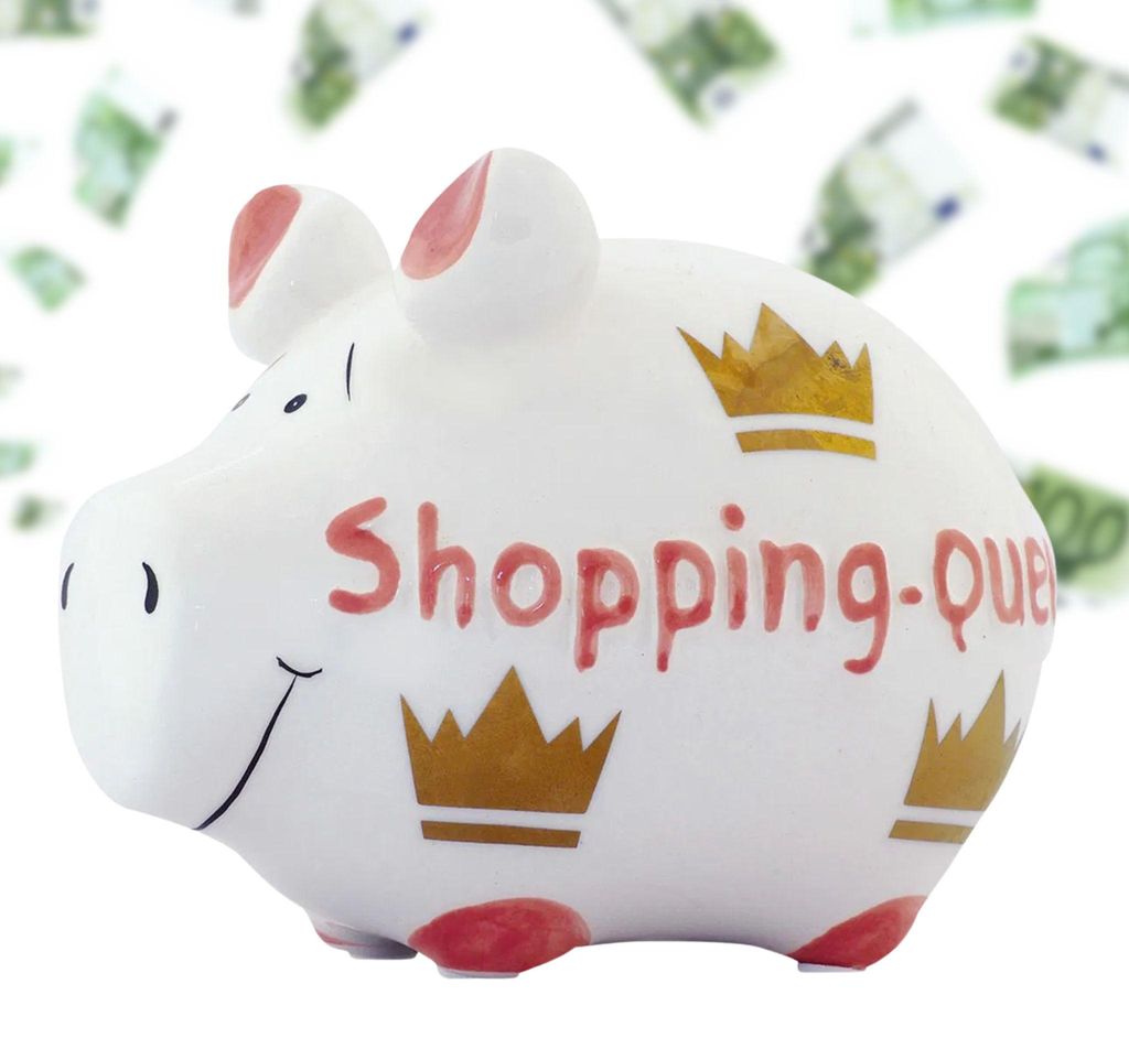 Lustige Spardose Sparschwein SHOPPING-QUEEN weiss rosa gold 12,5 cm