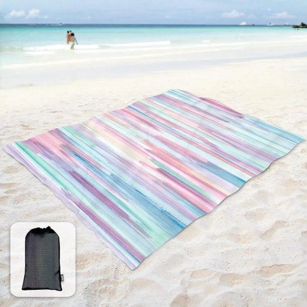 Tapis de plage anti-sable 213x185 cm doux à poches d'angle fixes bleu rose