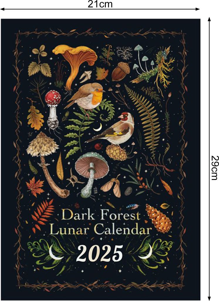 Wandkalender 2025, dunkler Wald, Mondkalender, 12 Monate, bunter Mondphasenkalender mit Gemälden, wasserdichter Hängekalender für das Heimbüro