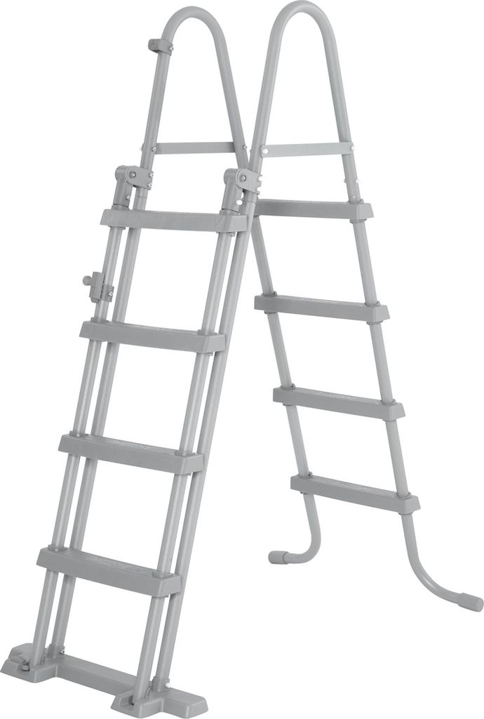 A gray plastic ladder for a swimming pool, shown against a white background.