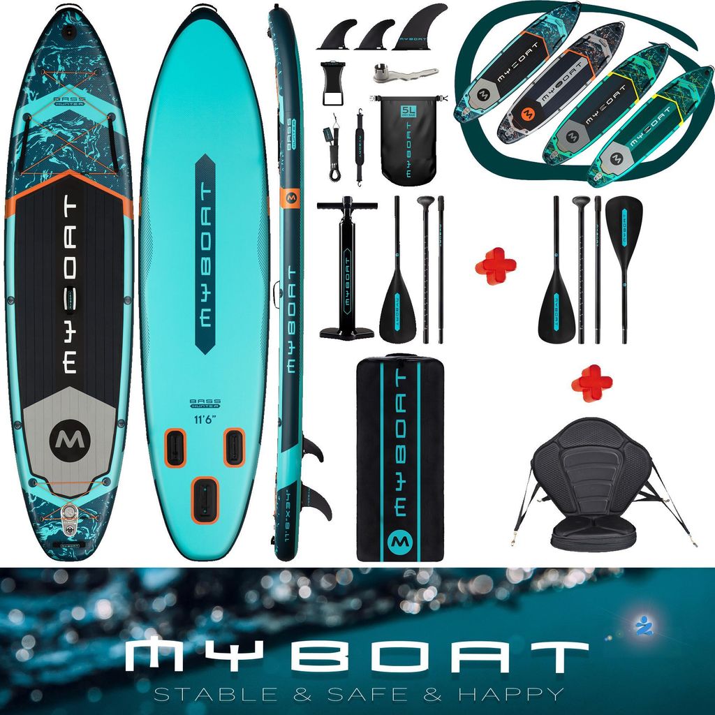 Komplettset Kajak Touring SUP Board Set mit 5 cm hohem stabilem Sitz, zweite 4-teiligem Paddel, MyBoat Bass Hunter 2 Personen Paddling Kayak Kanu Boot