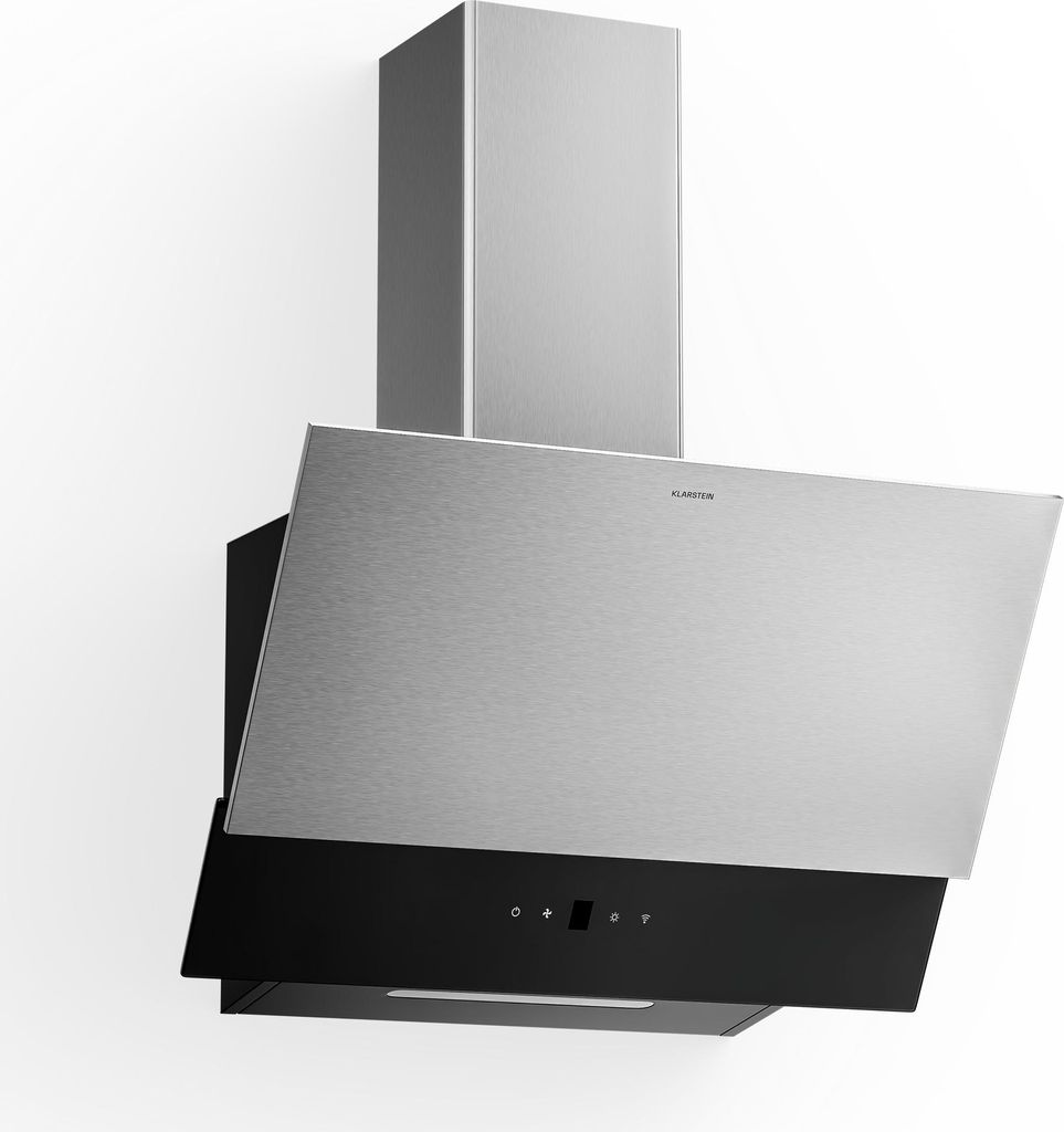A modern kitchen range hood is shown against a white background.