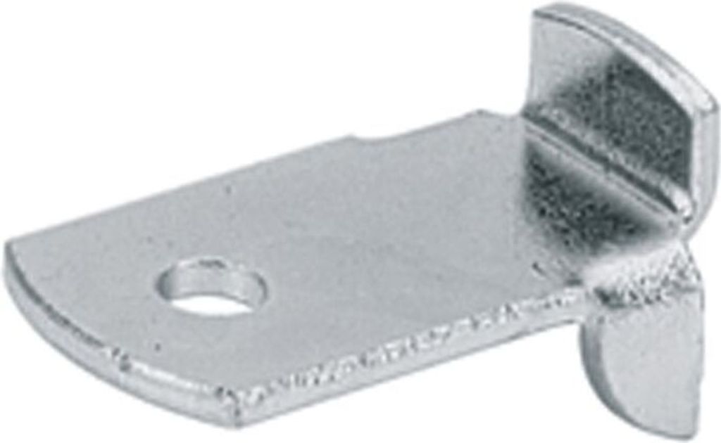 A close-up studio shot of a metal furniture fitting.