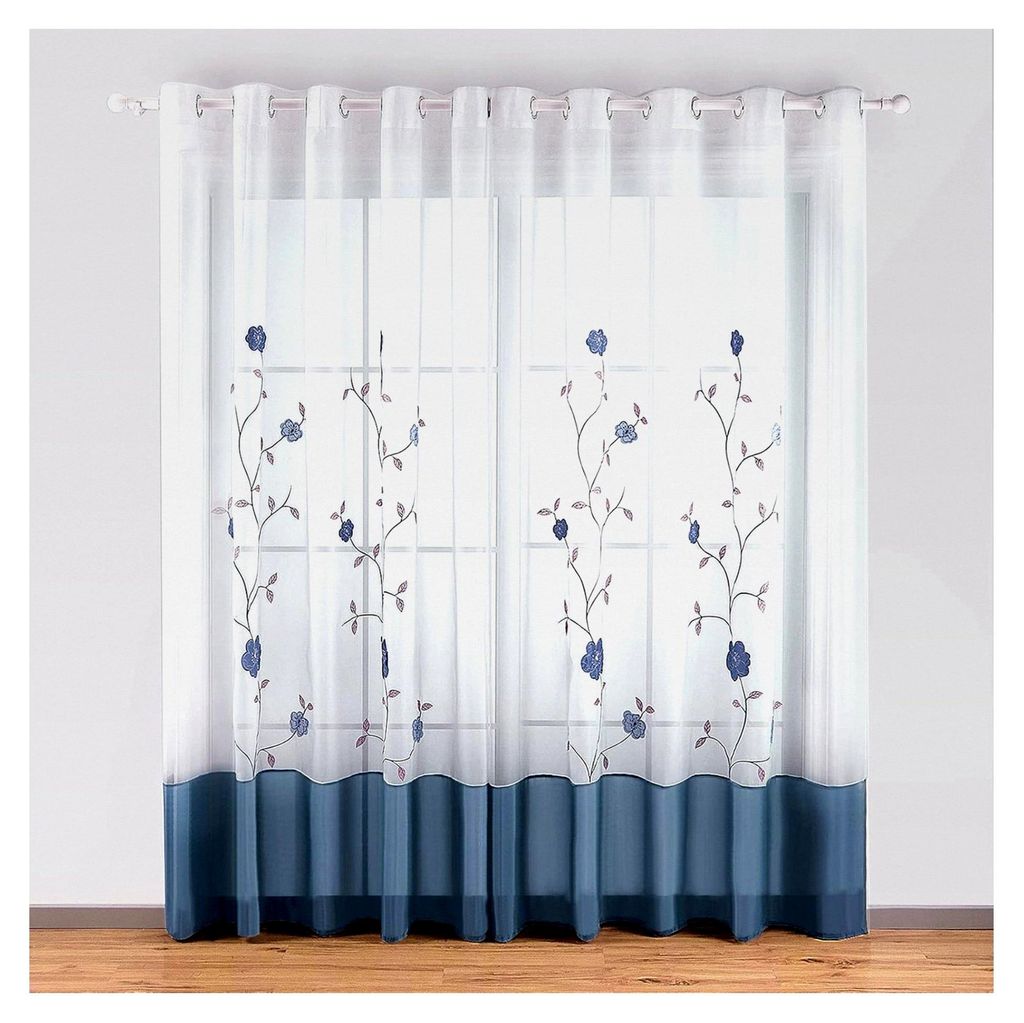 2 Stück transparente Vorhänge mit Blumenstickerei und Ösen, Blau, 140×145cm (B×H)