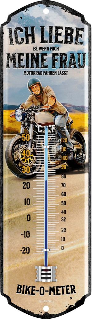 LANOLU Retro Blechschild MOTORRADFAHRER THERMOMETER Motorrad Geschenke für Männer Biker Geschenk - Schild für Werkstatt und Garage 8x28cm