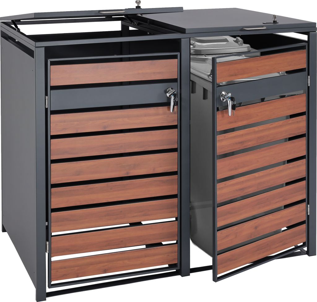 XL 2er/4er-Mülltonnenverkleidung HWC-J81, Mülltonnenbox, Metall 59kg anthrazit Kirsche-Holzoptik dunkelbraun