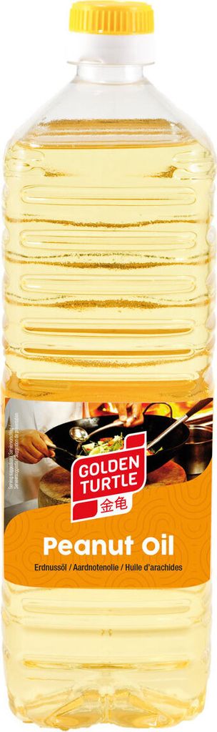 A bottle of Golden Turtle Peanut Oil with a label showing a cooking scene.