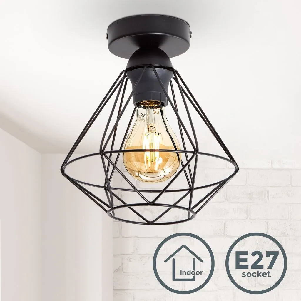 Plafoniera vintage, adatta per lampadina E27 non inclusa max 40W, filo metallico nero, diametro 22cm, lampadario per salotto o sala da pranzo, lampada da soffitto stile industriale, IP20