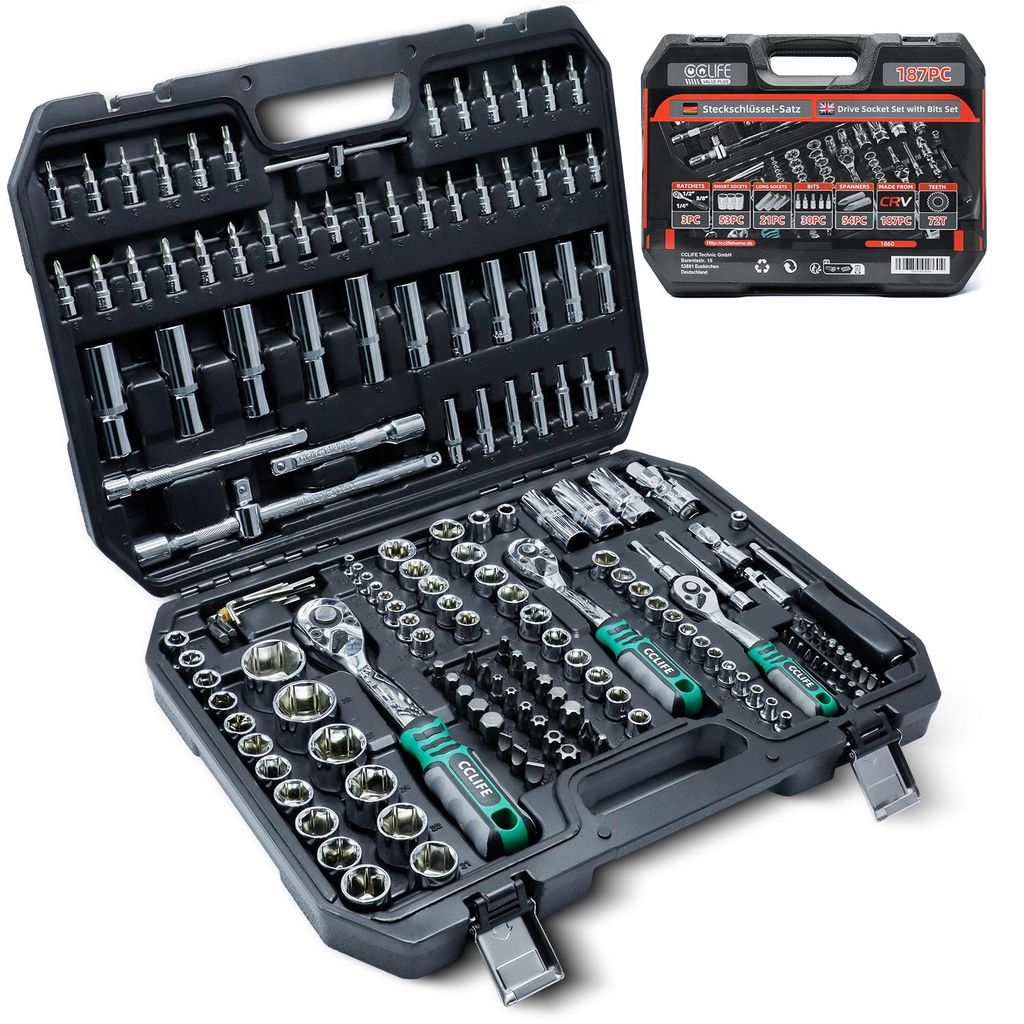 CCLIFE Ratschenkasten 187 tlg Cr-V mit 1/4" 3/8" 1/2" Produktbild 