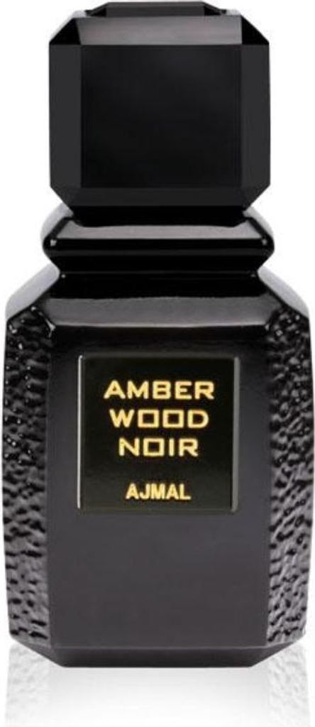 A black perfume bottle with a gold label.