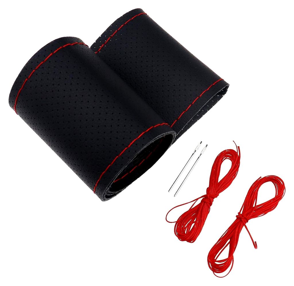Lenkradbezug-Set für Auto, selbstgestrickt, weiches Leder, gestanzt, 37–38 cm, mit Nadeln und Fäden