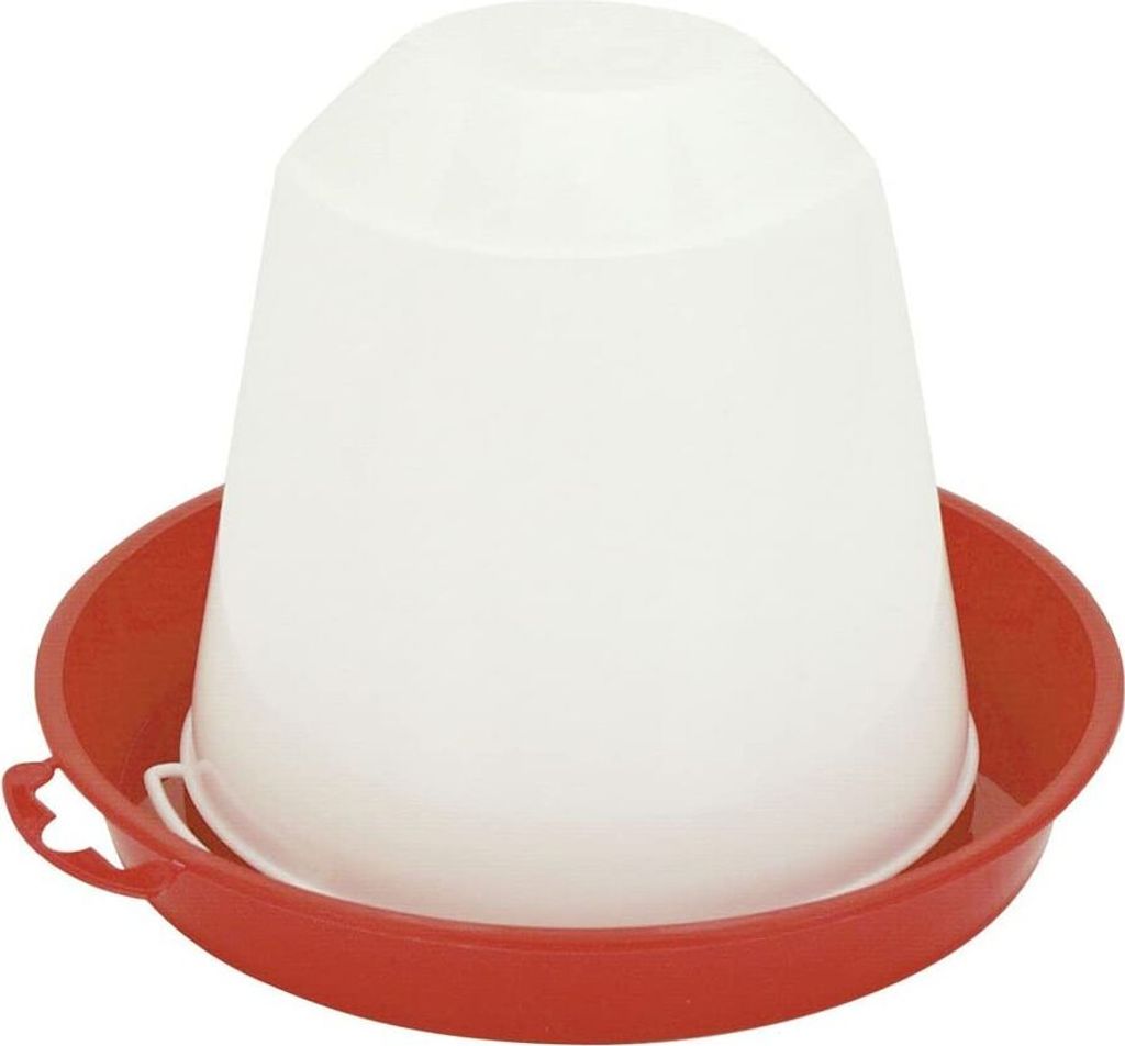 A poultry drinker with a white inverted cone reservoir and a red base.