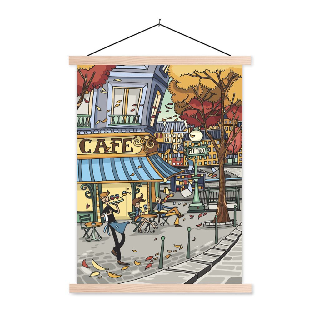 MuchoWow Textilposter Paris - Cafe - Herbst 120x160 cm mit holzfarbenen Rahmen - Plakatkarton