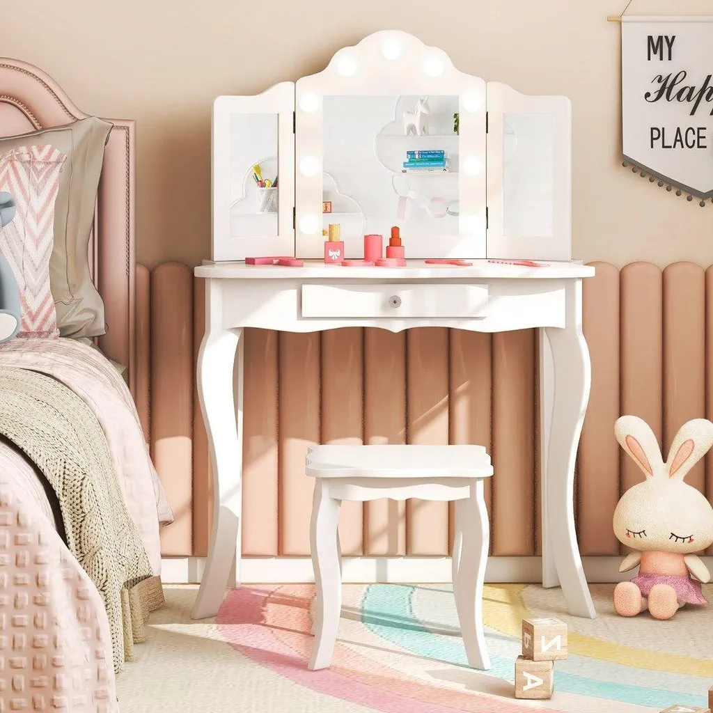 Toeletta per bambini 2 in 1 con luci a LED, specchio pieghevole e cassetti bianchi