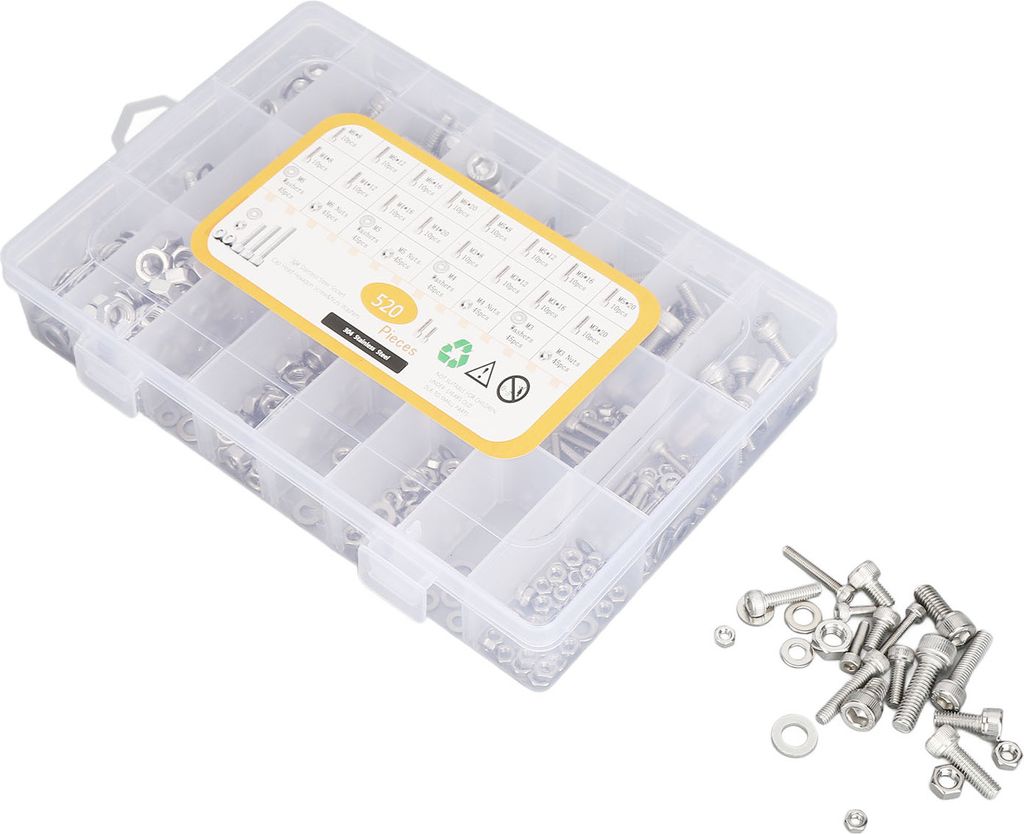 520Pcs Schrauben Muttern Sortiment Kit Metrische M3 M4 M5 M6 Assorted Hex Head Edelstahl Schraube Unterlegscheiben