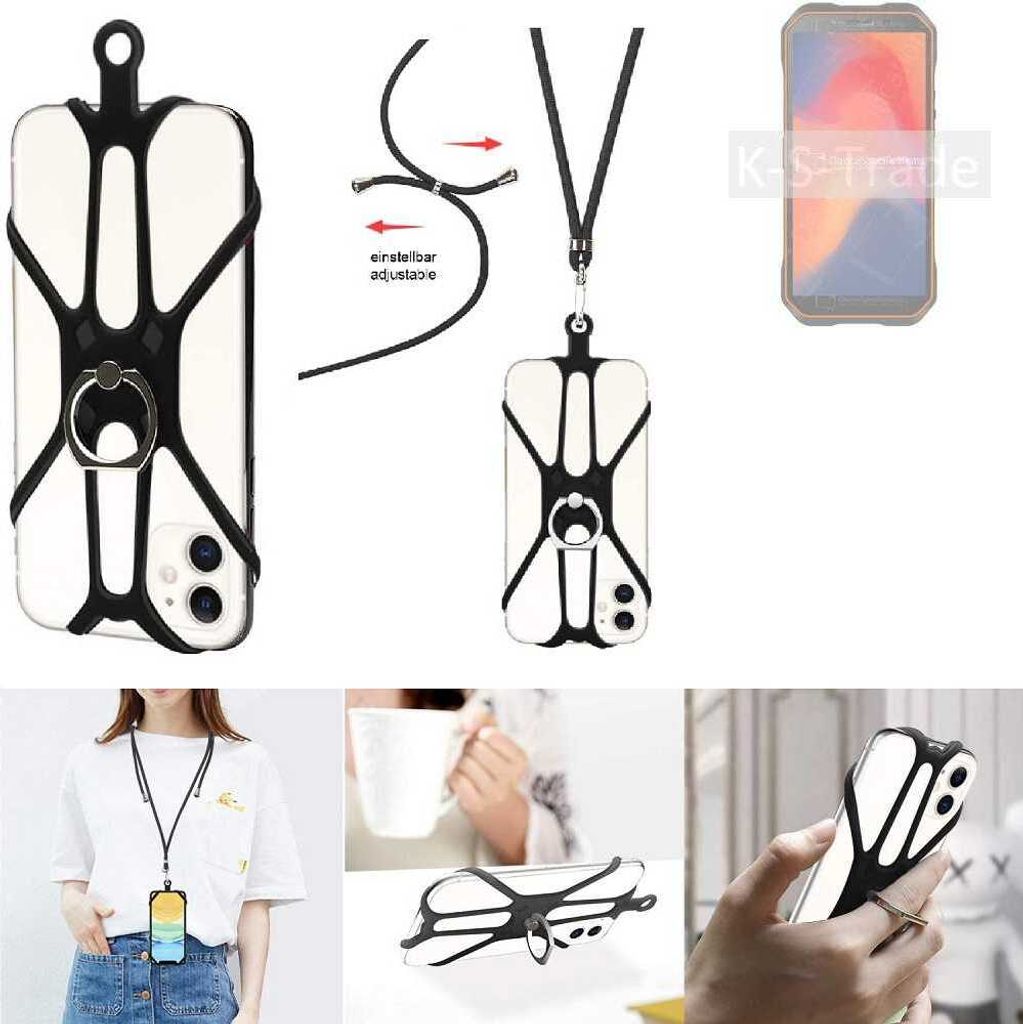 K-S-Trade 3in1 Handykette Handyband Handykordel Halsband Smartphone-Ring Handy-Ring kompatibel mit Doogee S51 Fingerhalterung Handyring Tischständer