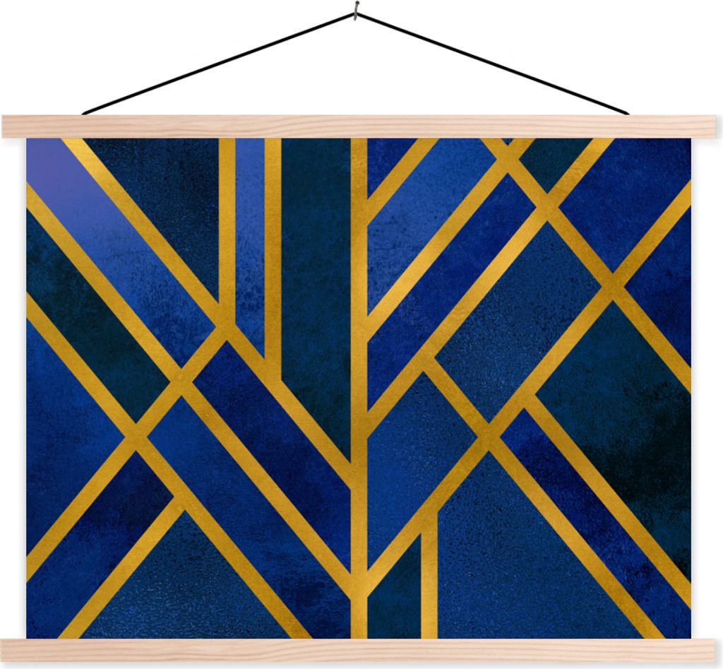MuchoWow Textilposter Gold - Blau - Muster - Luxus 120x90 cm mit holzfarbenen Rahmen - Magnetisch