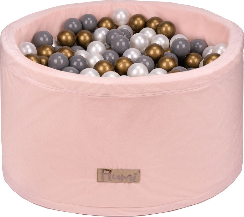 Flumi Bällebad Baby - Bällepool Kinder 90x40cm mit 200 Bällebad Bälle ∅ 7cm in EU hergestellt - Puderrosa + Goldene Bälle