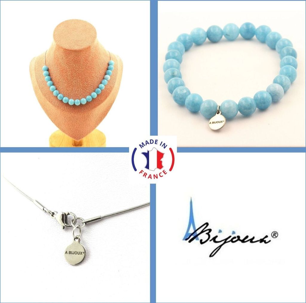 Schmuckset Armband Halskette 20 blaue Chalcedonperlen 8 mm Edelstahlkette