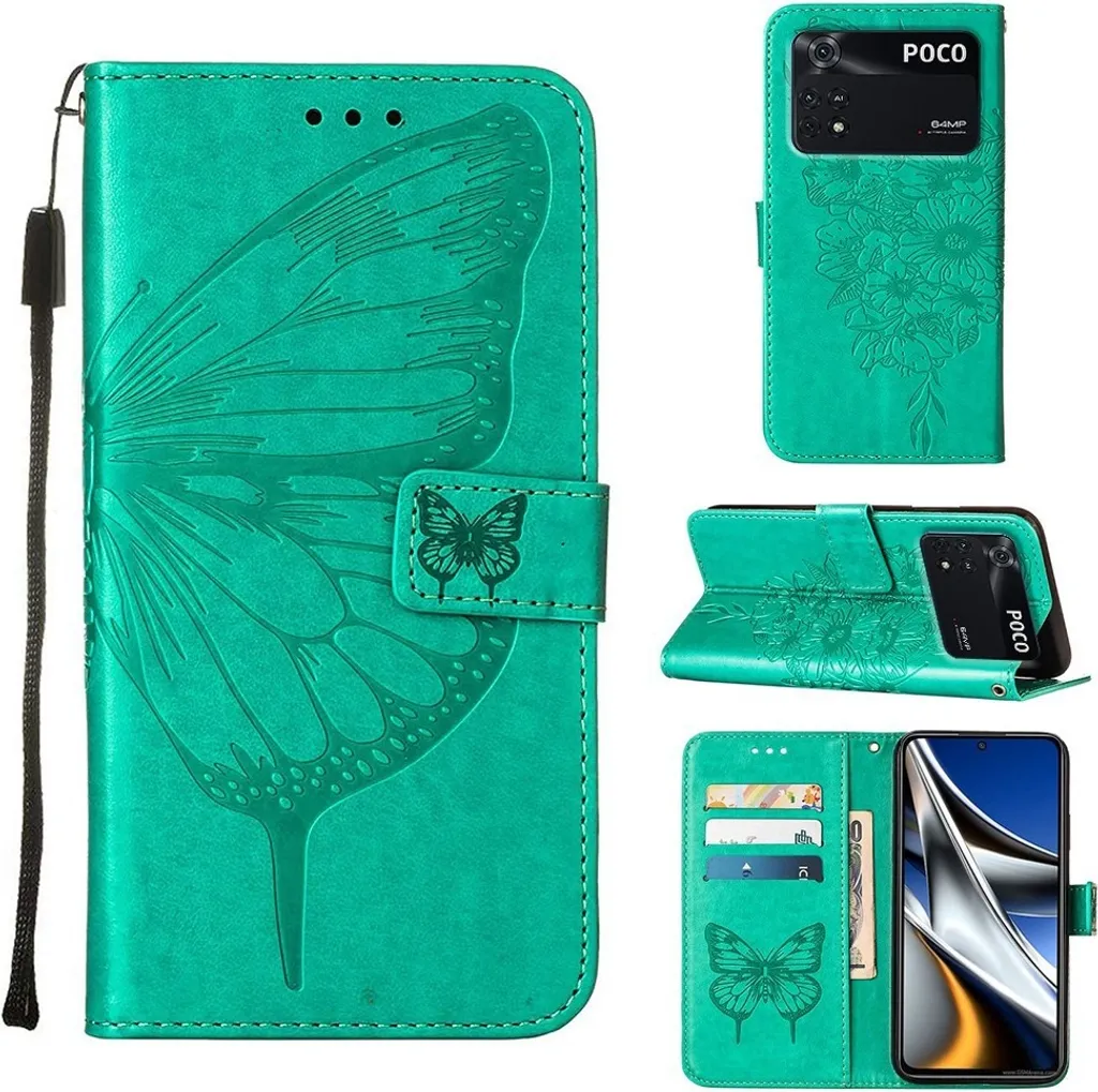 Cover Elegante Xiaomi Poco M4 Pro 4G Verde con Farfalle 3D e Stand