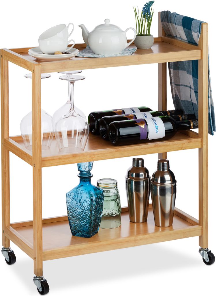 Servierwagen Bambus - 3 Etagen - Rollen - Mit Handgriff - 76x58x30 cm