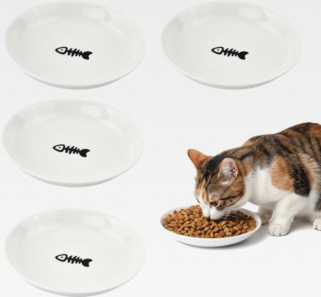 Katzennapf 4er Set aus Keramik, Flache Futternäpfe, Spülmaschinenfest und Hygienisch, für Katzen, Perser & Flachgesichter