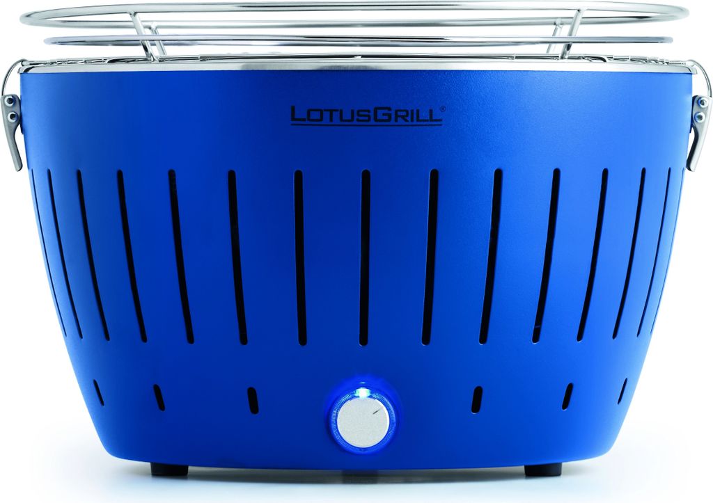 A blue LotusGrill charcoal grill is shown against a white background.