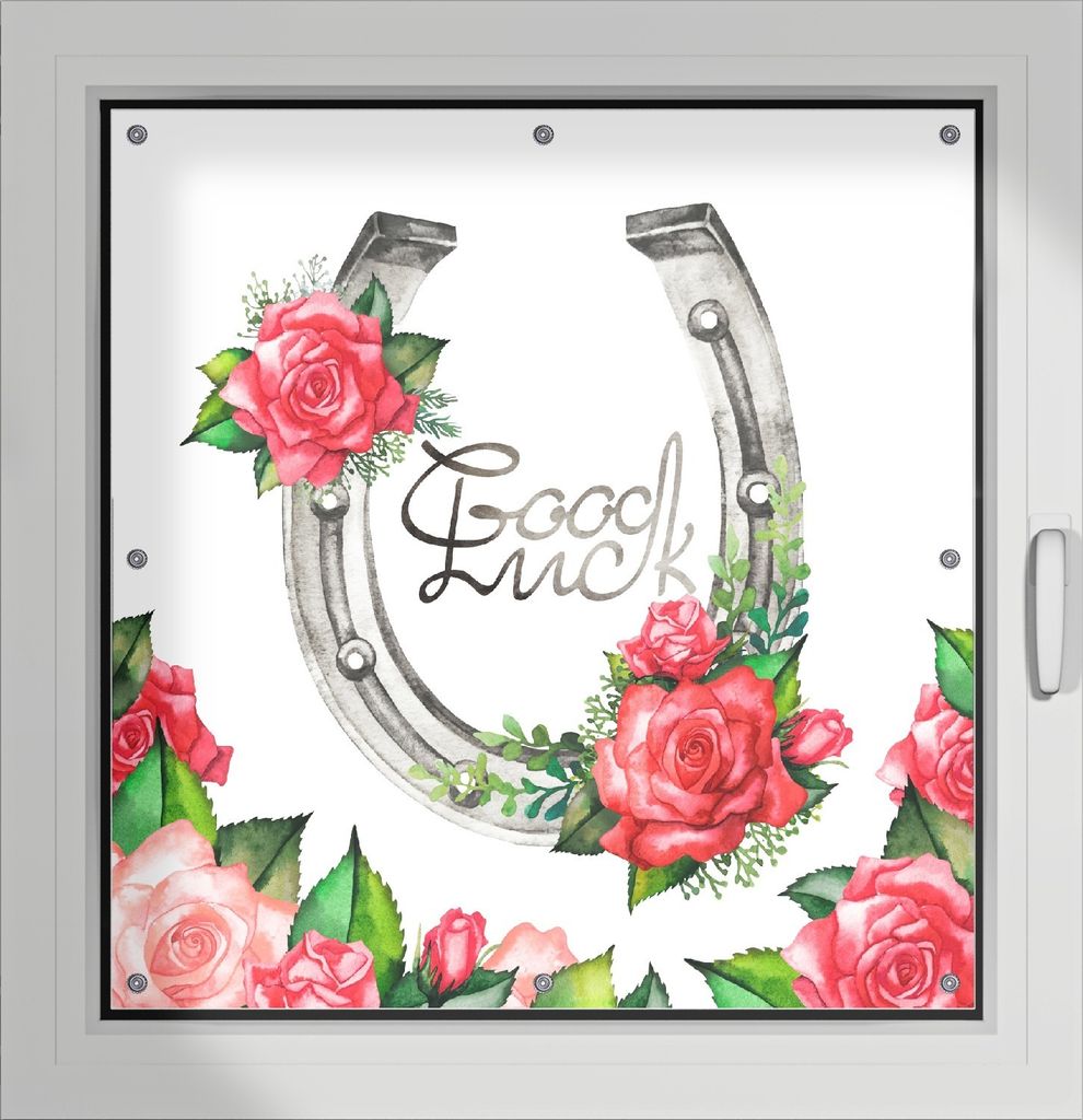 Wallario Lichtschutzbild, Dekorativer Sichtschutz Sonnenschutz 96 x 93 cm mit Motiv: Viel Glück Hufeisen mit roten Rosen - Verdunklung ohne Bohren