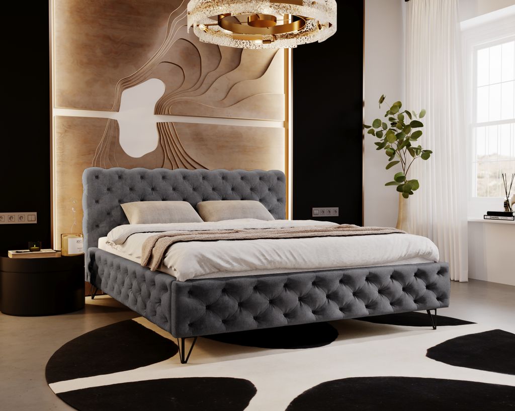 Polsterbett 180x200 Laval - Glamour Bett mit Lattenrost, Kopfteil - Doppelbett Samt Schlafzimmerbett Chesterfield (Dunkelgrau - Paros 06)