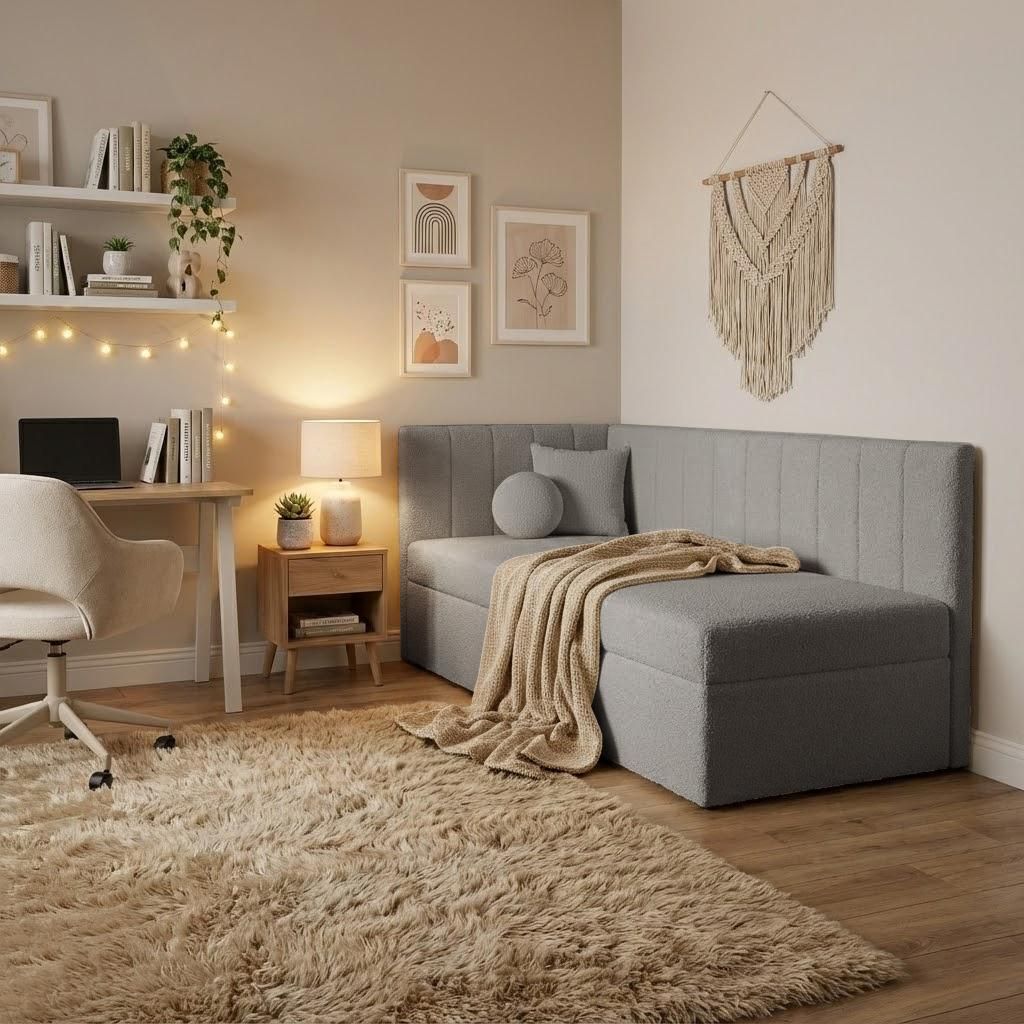 BEAUTYSOFA | Eckbett 90x200cm RAFI Jugendbett mit Bettkasten & Topper – Schlafsofa aus Bouclé Grau, flexibel montierbar für Kinder- und Jugendz...