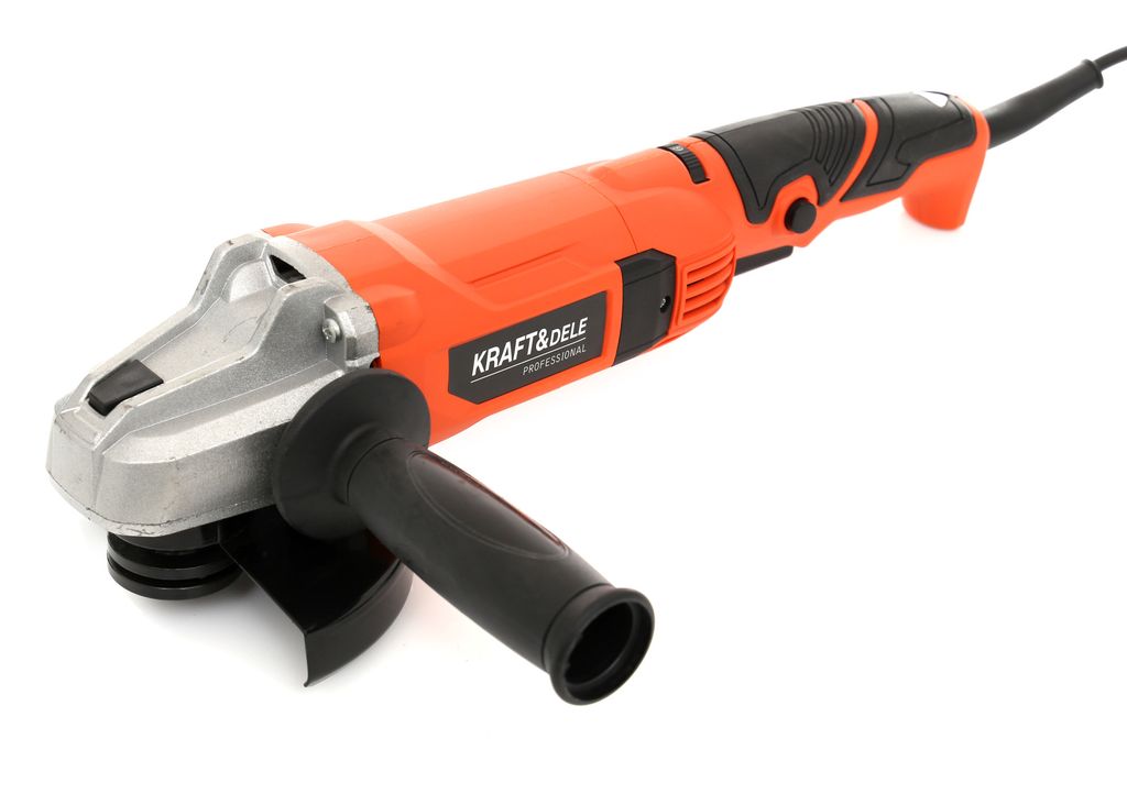 An orange and black angle grinder is shown against a white background.