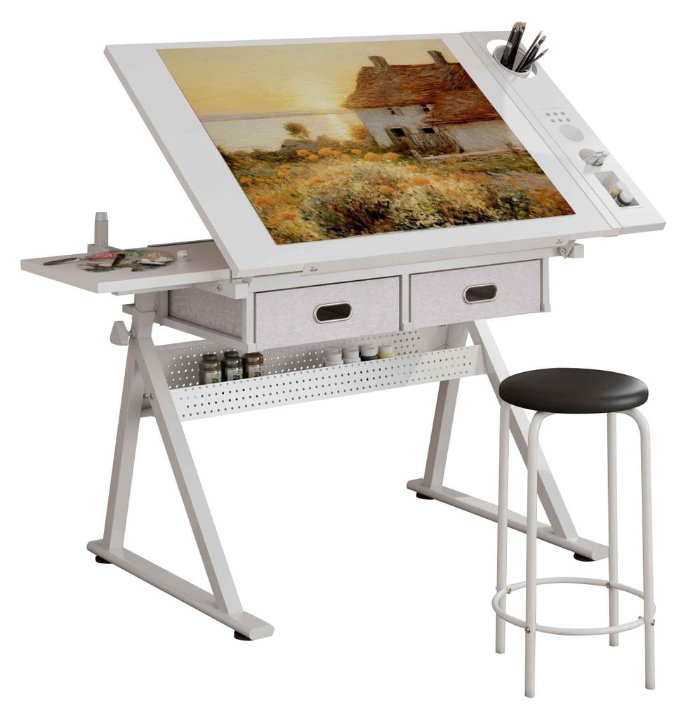 Zimilo Zeichentisch Set Weiß mit Hocker, 2 Schubladen, höhenverstellbar 69–91 cm, neigbare Tischplatte 0–75°, für Büro und Schule