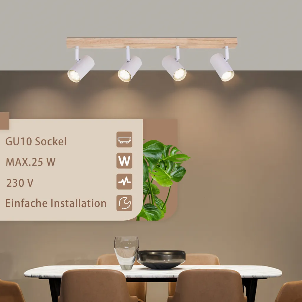 ZMH Lampada Soffitto Bambini Legno Bianco 4 Luci GU10 Vintage - 5