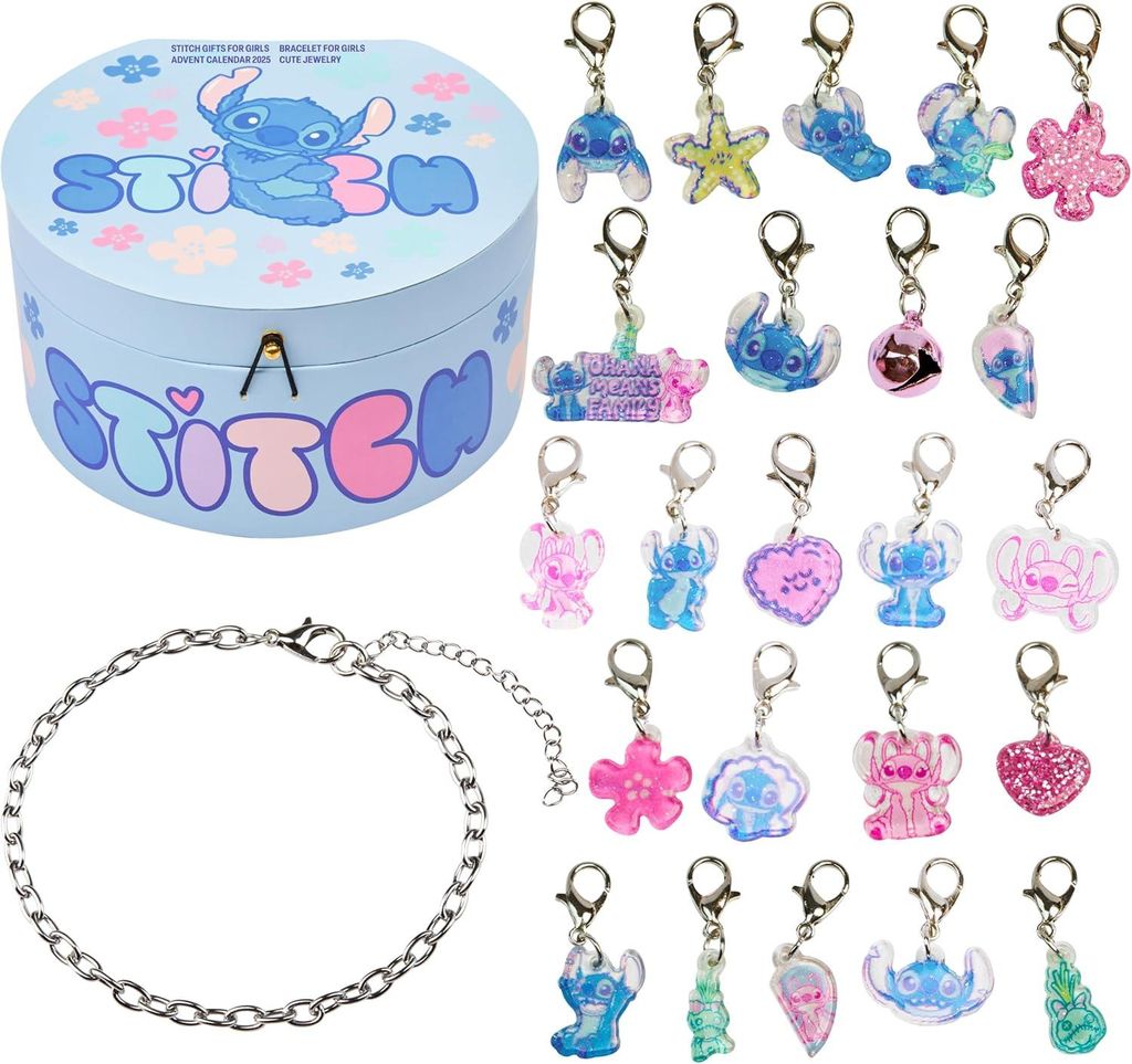 Get Trend Disney Stitch Adventskalender 2025 für Kinder, 24-Tage Schmuck DIY Charm Armband, Geschenke für Mädchen & Teenager, Blau