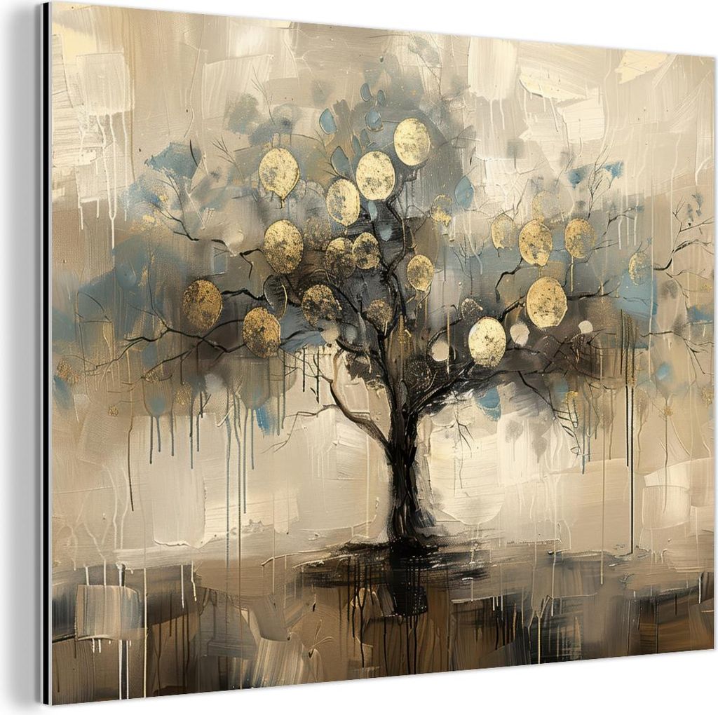 MuchoWow Wanddekoration Metall Metallbild Wandkunst 80x60 cm Beige - Abstrakt - Baum - Gold MuchoWow Aluminium Gemälde - Alubild