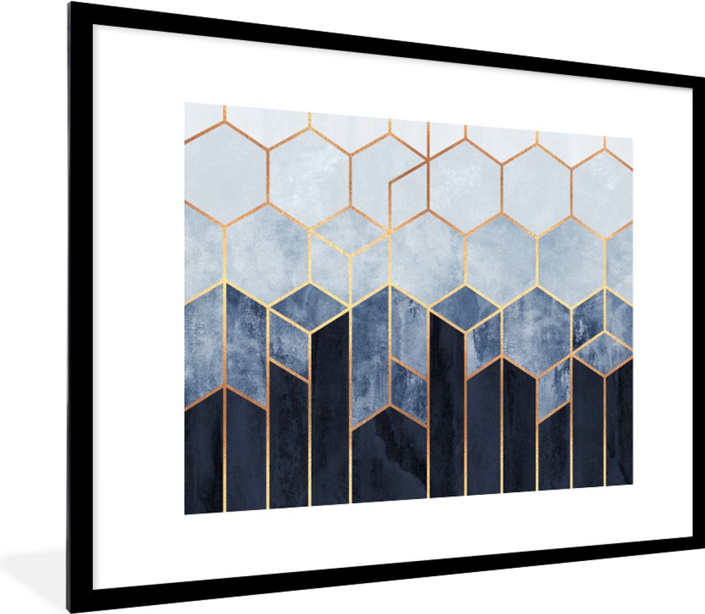 MuchoWow Gerahmtes Poster Sechseck - Gold - Schablonen 80x60 cm - Poster mit Schwarzem Bilderrahmen Wandposter Rahmen Foto Bilder - Schlafzimmer-...