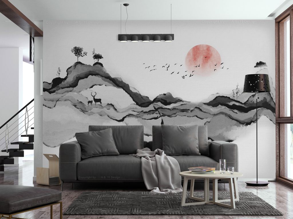 Vlies Fototapete Aquarell 400x280 cm Tapeten Wandtapete XXL Natur Berge wie gemalt c-A-10088-a-b
