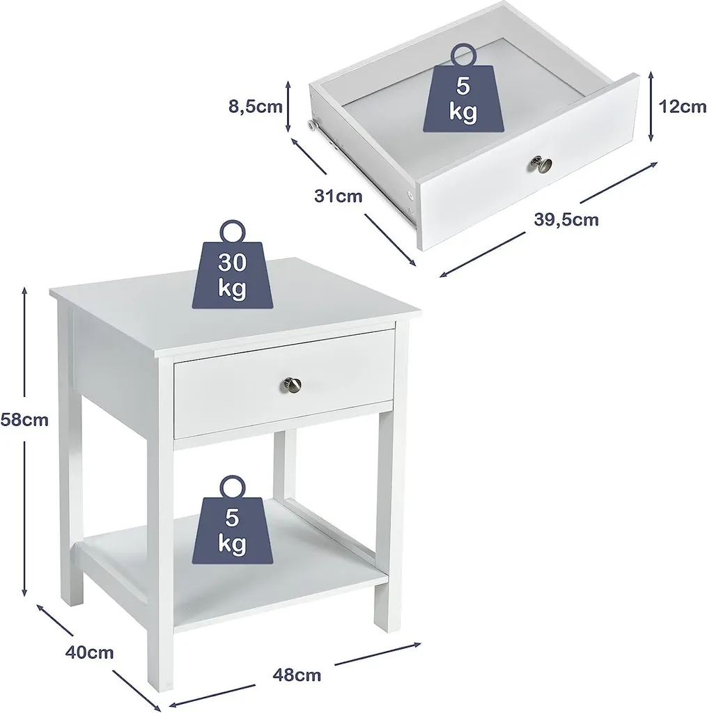 Table de chevet blanche 2 niveaux et petit meuble d'appoint de salon