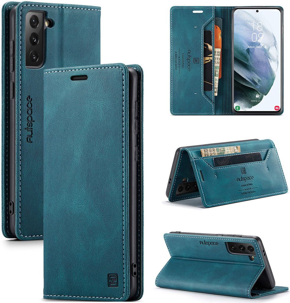 Samsung Galaxy S21 5G Brieftasche Hülle, Retro Kunstledertasche Stand Schutzhülle für Samsung Galaxy S21 5G Blau
