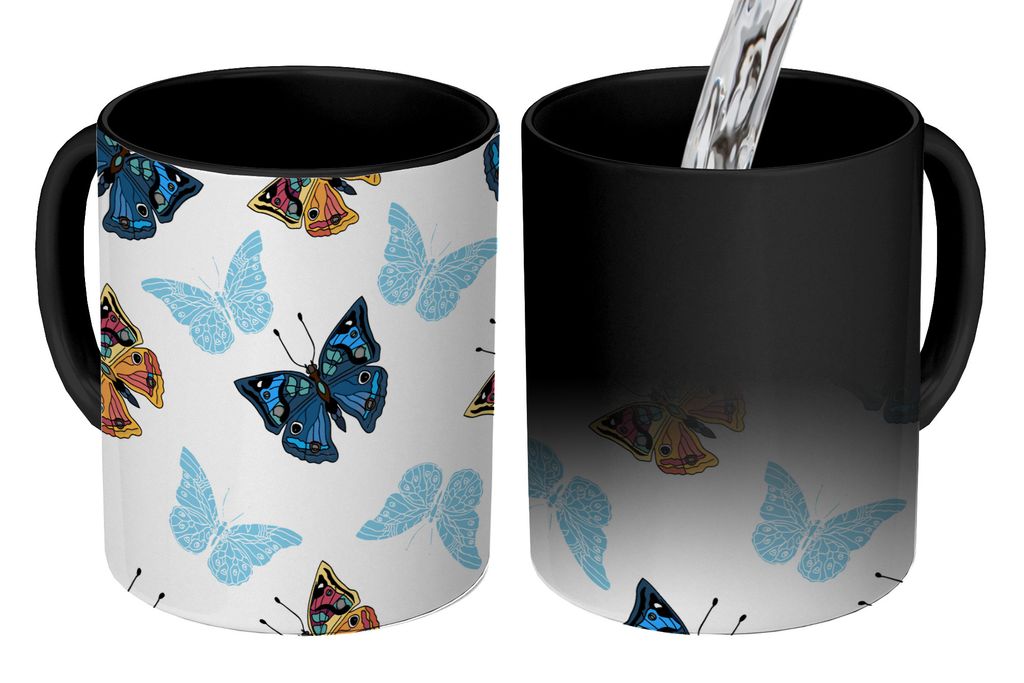 KitchenYeah Zauber Tasse Zaubertasse Magic Schmetterling - Insekten - Muster - Sommer 350 ml Farbwechsel Becher Geschenk Geschenkidee - Magic-Tas...