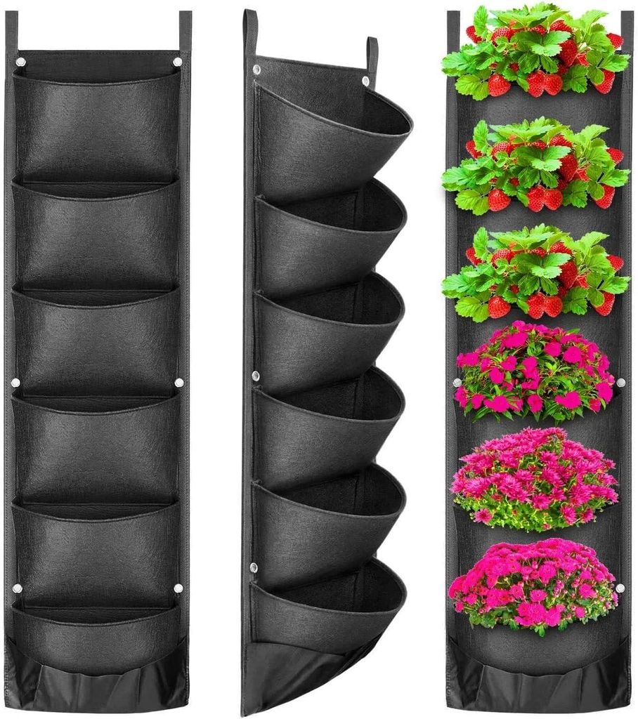 2 Stück Hängend Pflanzbeutel, 6 Taschen Wandbehang Pflanzgefäß Vertikale Blumentopf Tasche Atmungsaktive Pflanzbeutel aus Vliesstoff für Yard ...