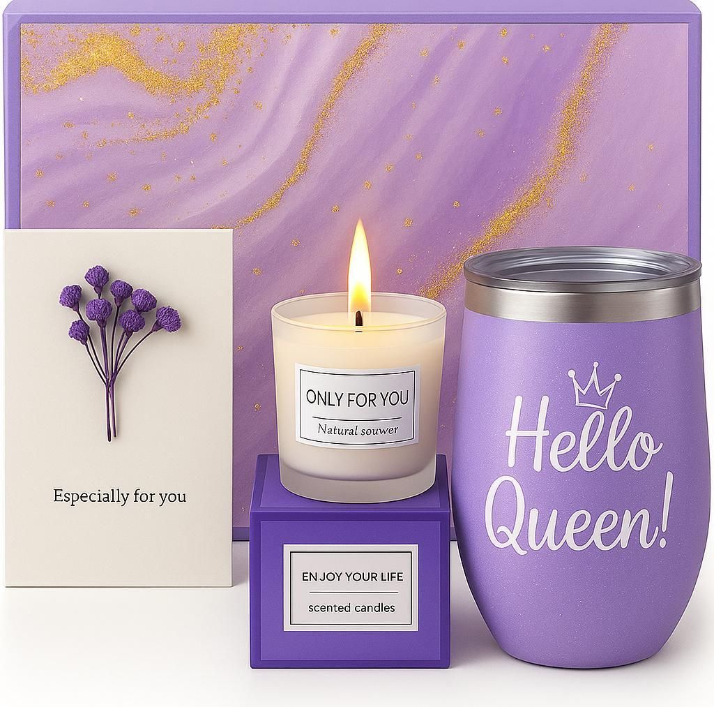 Geschenkset für Frauen mit lila Tasse, Kerze, Strohhalm und Produktbild 