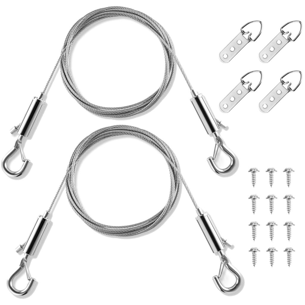Bilderaufhängeset, 2-teiliger 2 m x 1 mm verstellbarer Draht mit Haken, 4 D-Ringe und 12 Schrauben, geeignet zum Aufhängen von Leinwandbildern, S...