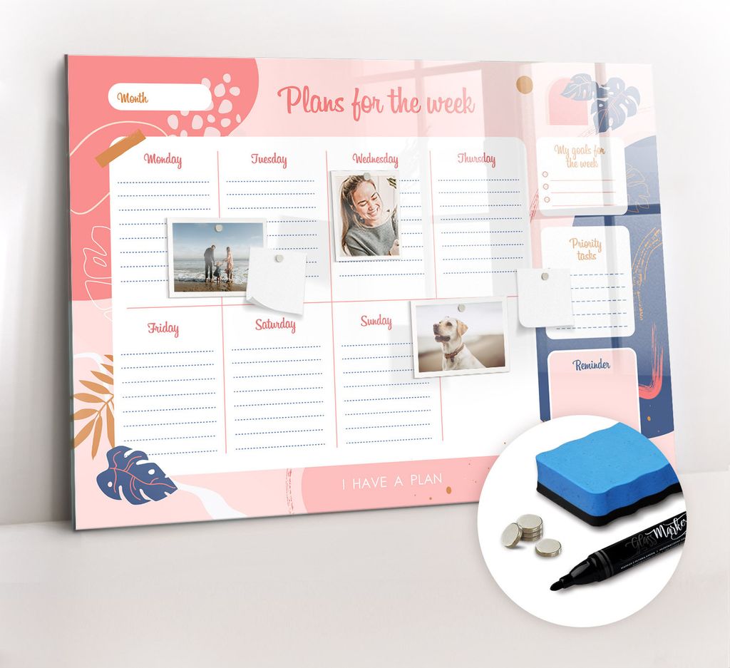 Magnetpinnwand Memoboard - Zubehörsatz - Schwarzer Marker + Schwamm + Magnete - 100 x 70 cm - Wochenplaner