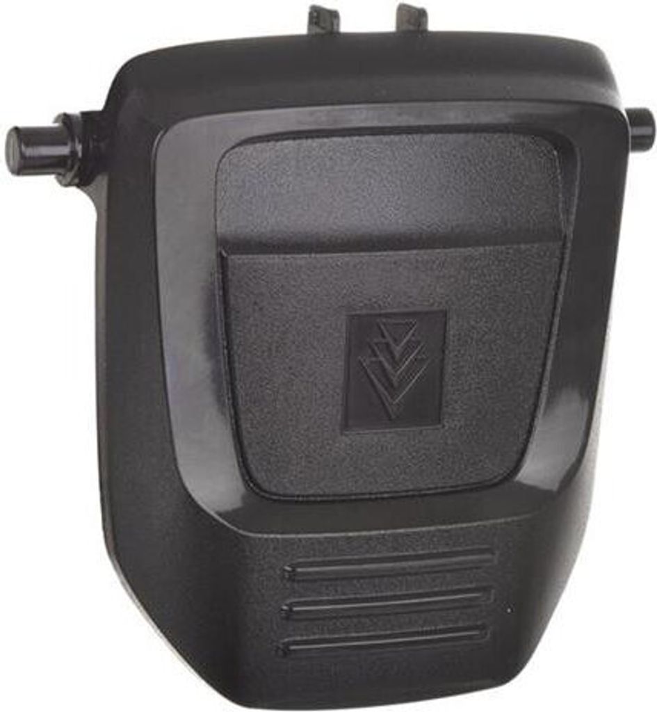 A black plastic part with a textured surface and a small square emblem with three downward-pointing arrows.