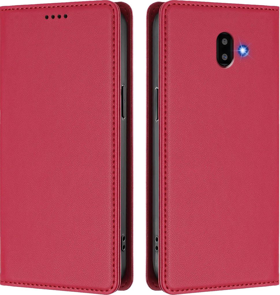 Handyhülle für Samsung Galaxy J6 Plus, Kunstleder Klapphülle Stoßfeste Magnetische Hülle mit Ständer Rot