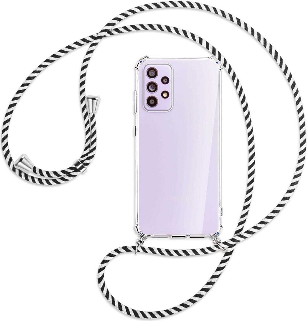 Handykette Backcover-Schutzhülle mit Band (Metall silberfarben) für Samsung Galaxy A33 5G - schwarz/weiß gestreift