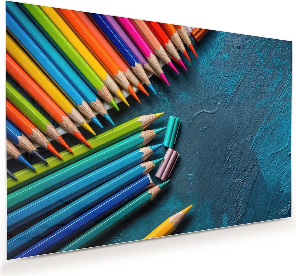 Glasbild 120x80cm in XXL für Wohnzimmer, Schlafzimmer Motiv Buntstifte auf Holz