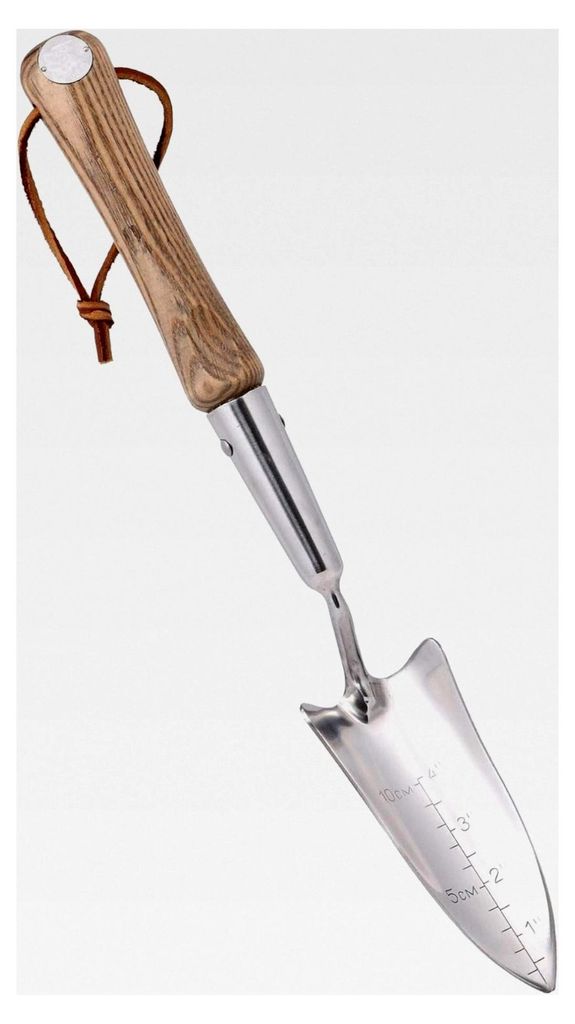 Schmale Pflanzkelle aus Edelstahl mit Holzgriff