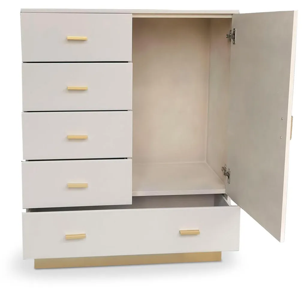 Buffet haut 5 tiroirs Nestor Taupe et Or, idéal pour salon moderne et chic - 5